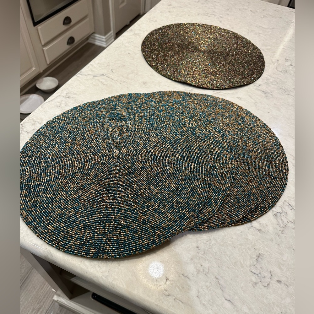 5 (4 + 1) Holiday ready gorgeous round beaded placemats 15” diameter